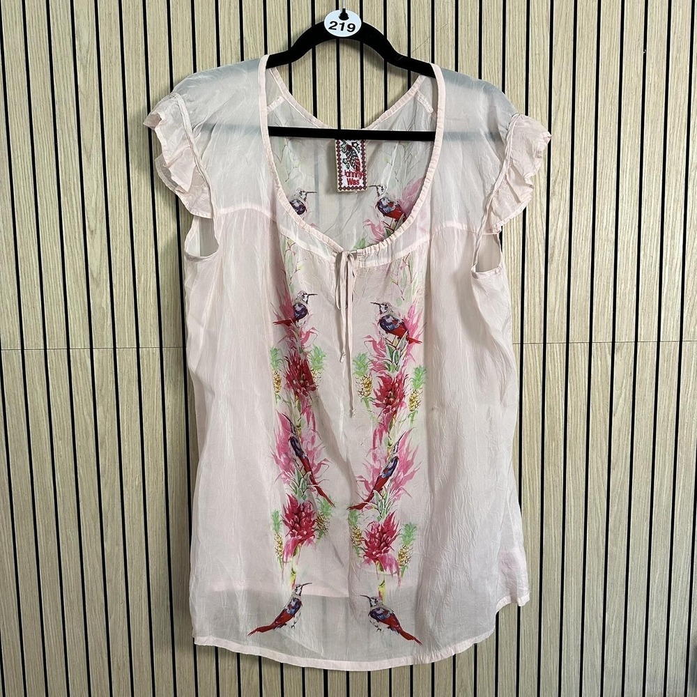 Johnny Was Pale Pink Floral & Bird Print Sheer Blouse